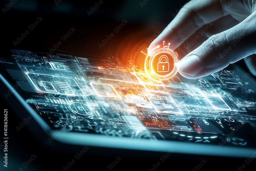 Poster cybersecurity measures digital workspace graphic design high-tech environment close-up view data pro