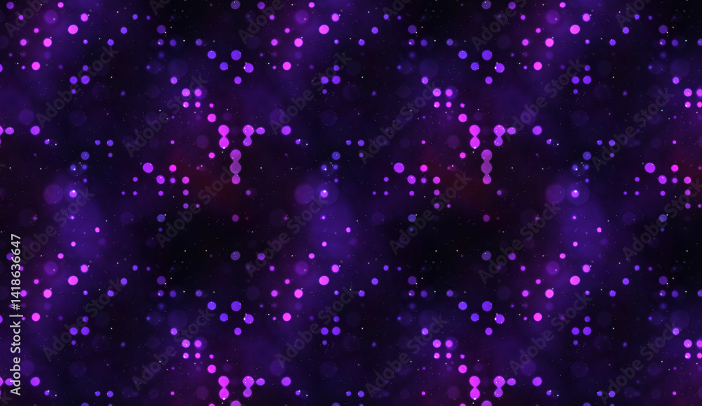 Poster purple bokeh lights and small particles are floating on a dark background, creating a beautiful seam