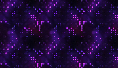 Purple bokeh lights and small particles are floating on a dark background, creating a beautiful seamless pattern