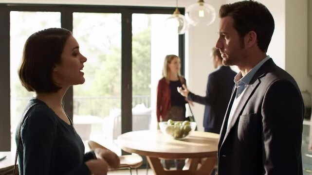 A tense conversation between a young Caucasian woman in formal attire and a young Caucasian man in a suit during a social event in a modern home, surrounded by guests and natural light.