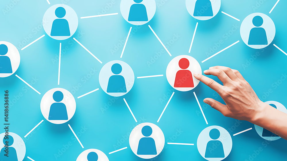 Poster network connection with hand pointing to distinct red profile; social media recruitment and communic
