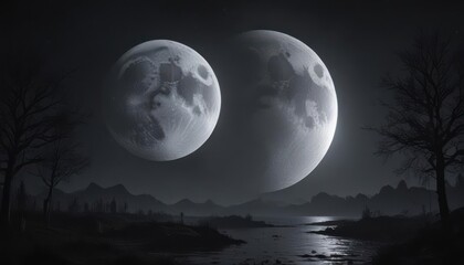 Low-hanging full moon casts eerie glow on dark, starless night ,  graphic,  shadows,  atmosphere