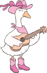 Cute Cowgirl Goose Playing Guitar Cartoon Playful Western Goose Hand Drawn