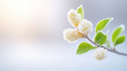 Obraz premium Frozen Flower Buds on Branch Delicate Spring Style Soft Focus Lighting Close-up Detailed View Winter Frost Awakening Soft White Backdrop Serene Springtime Imagery Ideal for Nature Calendars