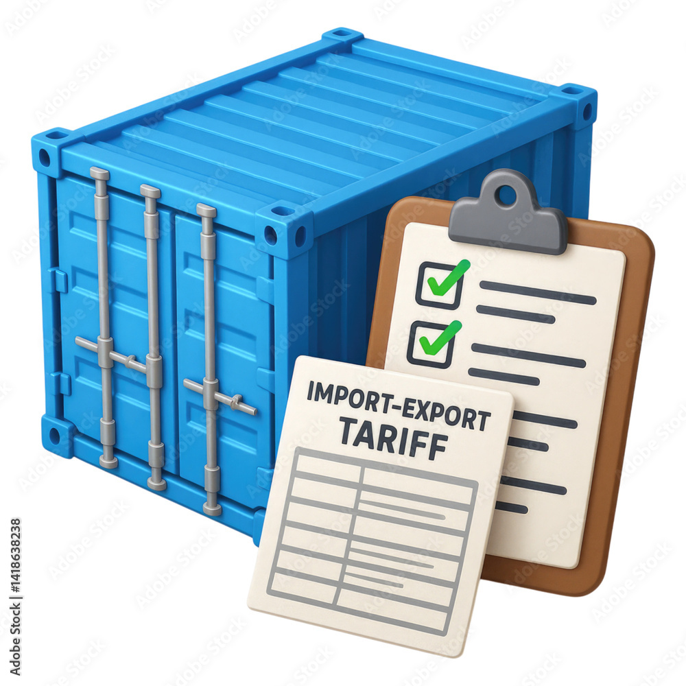 Poster global trade import export container with tariff checklist, isolated on transparent background