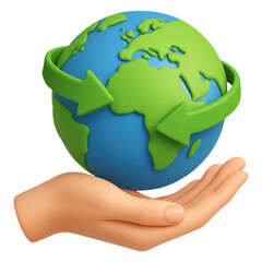A Caring Hand Protecting Our Planet 3D of Earth with Green Recycling Arrows, isolated on transparent background