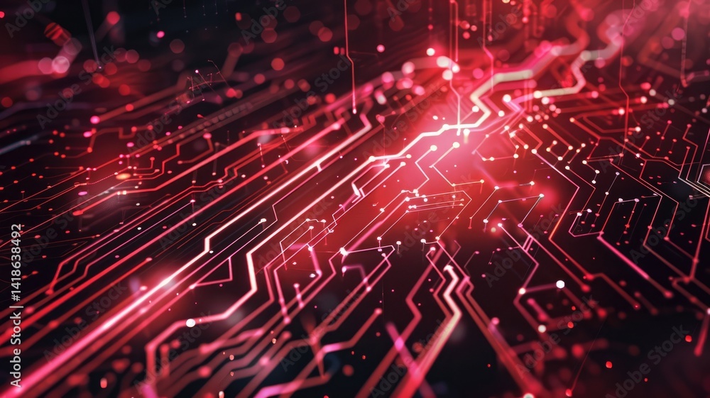 Poster abstract red circuit board pattern with glowing lights on dark background. the red hues and light ef