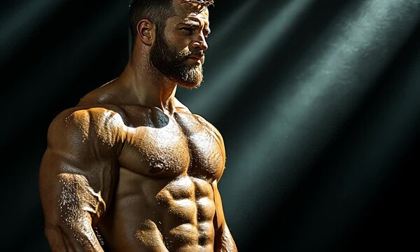 Muscular man with beard highlighted against a dark background