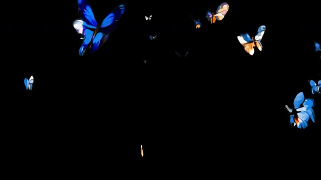 Vibrant blue butterflies fluttering animated overlay, transparent 4K video, alpha channel, ProRes 4444