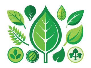 Nature's Symbols: A vibrant collection of various green leaf shapes and circular eco-friendly symbols, perfect for nature-themed designs, branding, or environmental awareness campaigns.