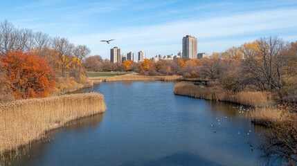 Obraz premium tranquil autumn scene with a serene lake reflecting the clear sky and city skyline with birds in flight over reeds and fall foliage