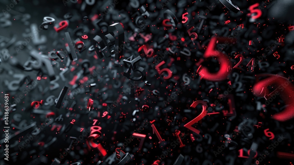 Poster floating black and red 3d numbers on a dark background. abstract 3d rendering art of number floating