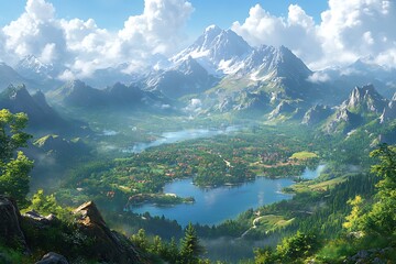 Majestic Mountain Vista Overlooking Lush Green Valley And Serene Lakes