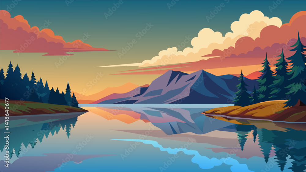 Poster a quiet lake reflecting the changing colors of the sky while capturing the scene in a detailed sketc
