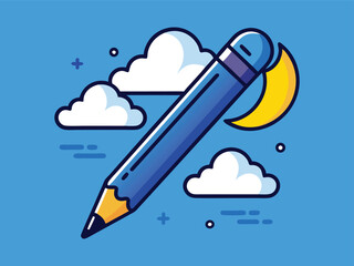 Pencil in the Night Sky: A large blue pencil soars across a night sky dotted with fluffy white clouds and a crescent moon.  This playful illustration is perfect for creative projects. 