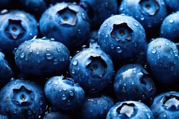 Macro photo of juicy blueberries with drops of water and tiny green leaves. Perfect for health food topics.