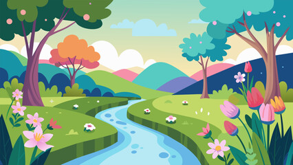 Naklejka premium A tranquil garden filled with blooming flowers and a gentle stream flowing through inviting you to relax and let go of tension.. Vector illustration