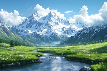 Fototapeta premium Serene Mountain Landscape With Flowing River And Green Meadow Under Blue Sky
