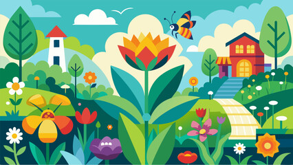 A beautiful mosaic of flowers blooming in the garden attracting pollinators and adding a touch of natural beauty to the neighborhood.. Vector illustration