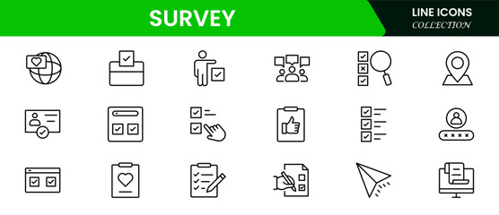 Survey icon set. Containing feedback, opinions, questionnaires, polls, research, and so on. The flat vector icon set is related to the survey—vector illustration.