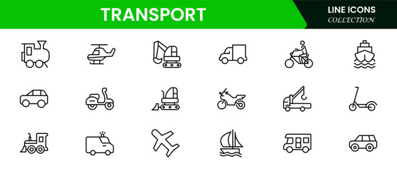Transport icon set. Containing car, bike, plane, train, bicycle, motorbike, bus, and scooter icons. line icon collection. Vector illustration web line icon collection