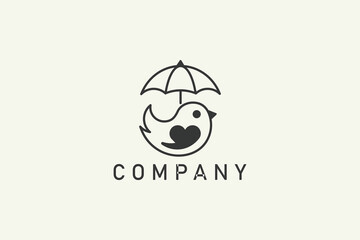 Adorable bird logo with heart and umbrella.Perfect for pet care, animal shelter, or child-related brand. Vector and minimalist style.