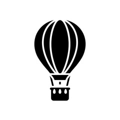 Fototapeta premium Hot air balloon icon in solid black silhouette with round balloon and hanging basket in clean vector style