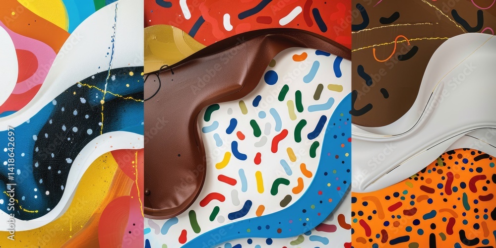 Poster Colorful abstract shapes with polka dots. Digital artwork of colorful dots with vibrant color curve lines. Digital art for playful and modern design. Celebration and energetic art style. AIG51.