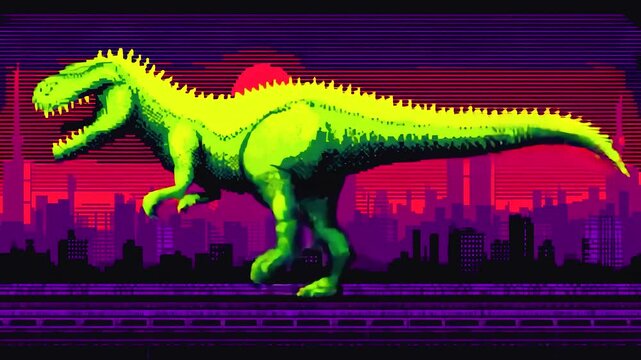 Vibrant 8 bit pixel art dinosaur against retro city skyline, showcasing striking green hues with stunning sunset backdrop.