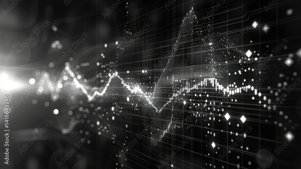 Poster futuristic digital network visualization with glowing nodes and lines on a dark background. abstract