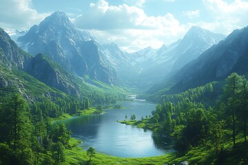 Tranquil Mountain Lake Surrounded By Lush Green Forest On A Sunny Day