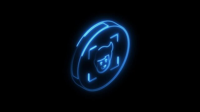 Glowing neon face recognition icon 4k isolated on black background. HD Video motion graphic animation