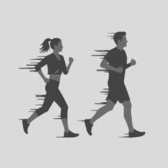 Naklejka premium Running man and woman, isolated vector silhouettes. Run, side view. Silhouettes of athletic looking male and female runners running. EPS 10 version.