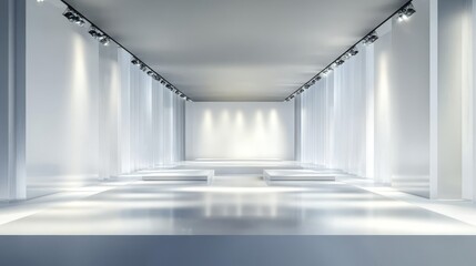 Fototapeta premium minimalist exhibition stage platform with ambient led lighting, pristine white display surfaces, professional corporate event space, ultra modern architectural design, dramatic spotlight effects,