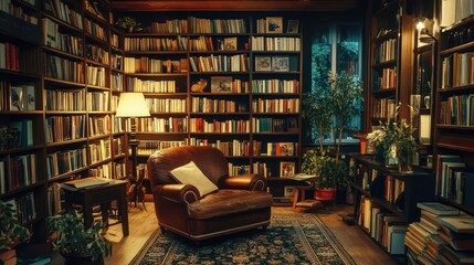 Inviting personal library adorned with classic literary treasures and comfortable seating