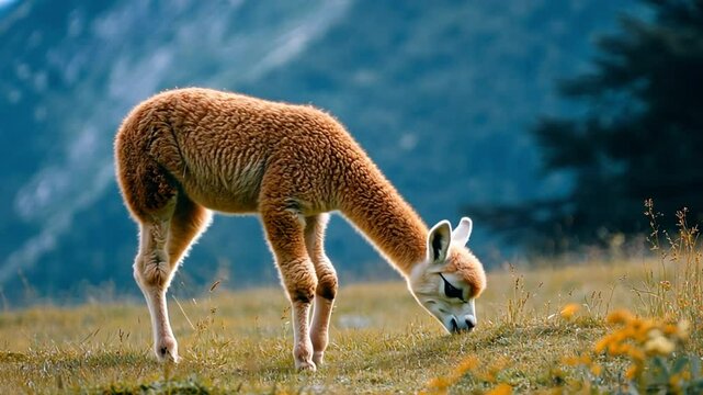 Adorable Alpaca Crias Grazing in Mountain Meadow
