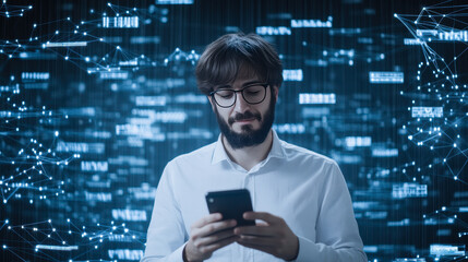 A man is looking at a cell phone in front of a wall of computer code
