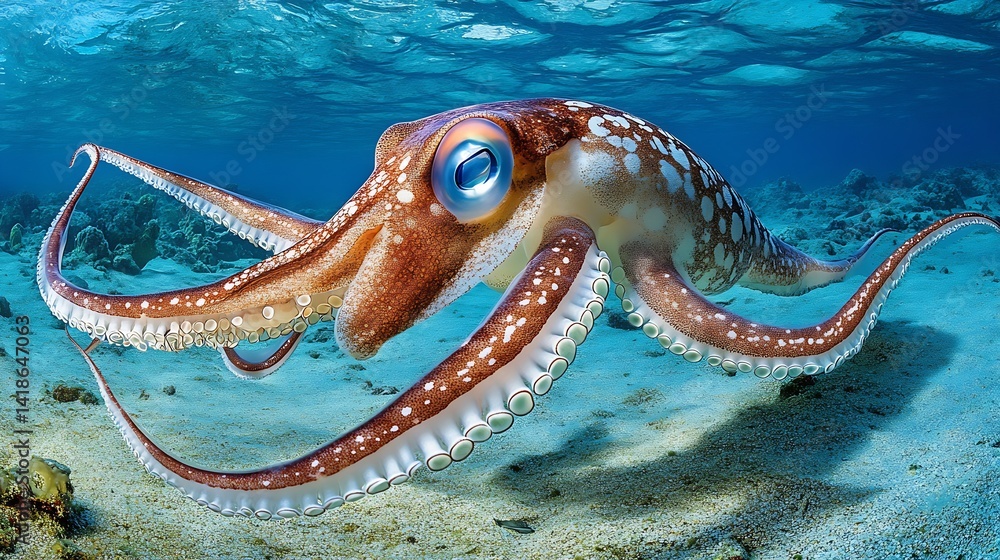 Poster exceptional underwater capture of a colorful octopus gracefully moving through crystal clear ocean w