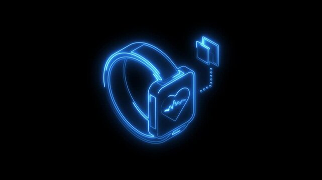 Glowing neon fitness watch icon 4k isolated on black background. HD Video motion graphic animation