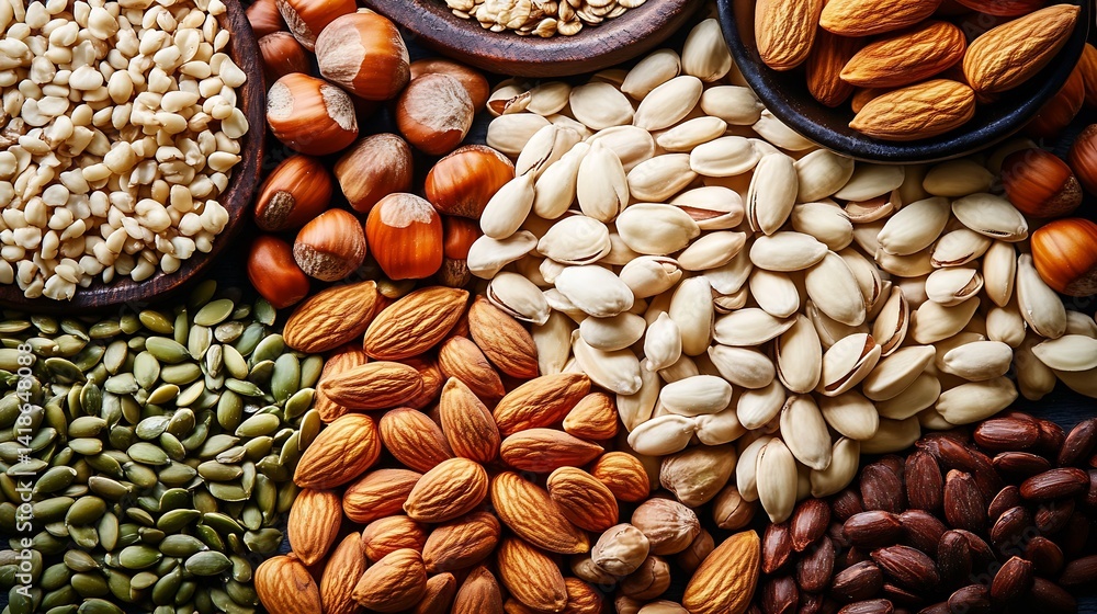 Aufkleber colorful assortment of nuts and seeds displayed on a wooden surface for healthy snacking and cooking