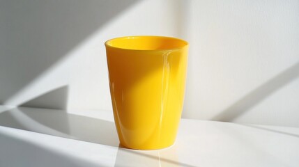 Bright yellow plastic tumbler on a white surface.