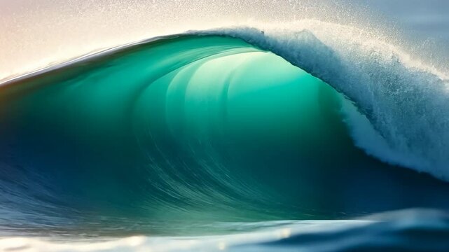 Transparent Ocean Wave Curling Over Blue Surface With Turquoise Interior and Sunlight Through Its Crest
