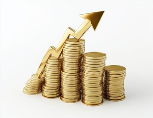 Golden coins stacked in ascending order with a rising gold arrow.