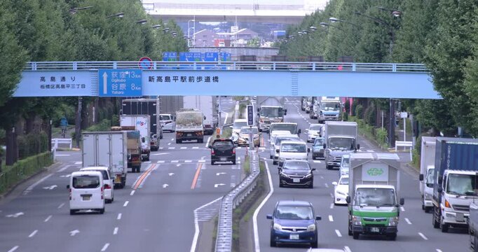 A traffic jam of car and truck at the downtown street in Tokyo telephoto shot