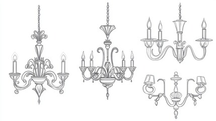 Elegant vintage chandelier line art collection, ornate five-arm candle holders, classical ceiling fixtures, decorative wall sconces, curved metal arms, detailed architectural lighting elements,