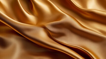 Fototapeta premium Fluid silk texture in warm gold tones, abstract flowing fabric landscape, pristine textile surface with natural creases, sophisticated material study, premium fabric close-up, crystalline detail