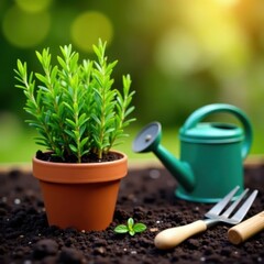 Fresh rosemary in terracotta pot, garden tools, watering can on dark soil , gardening, pot, organic