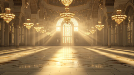 Glorious Eid Morning in Sacred Hall. A luminous mosque interior bathed in morning light, capturing the sacred start of Eid al-Adha. 