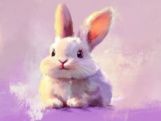 A fluffy rabbit with a cheerful expression, ears up, isolated on a muted lavender background