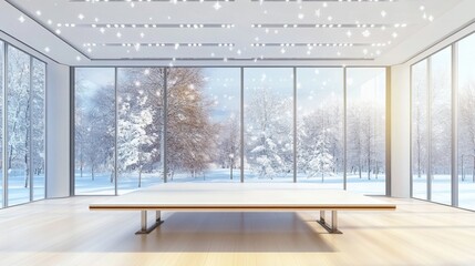 Obraz premium modern interior with panoramic view of snowy landscape and snowflakes creating a festive winter holiday atmosphere in a well lit space